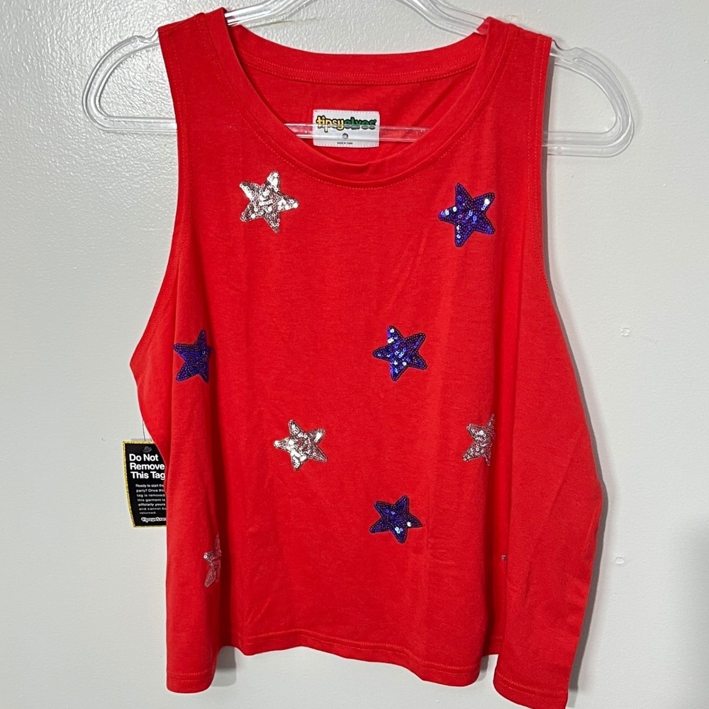 Tipsy Elves Sequin Cropped Tank‎ Top Women's 1X Red Stars Of Summer